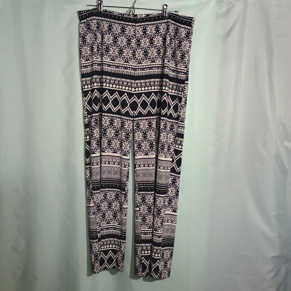 Black White Boho Geometric Print Wide Leg Pants Palazzo Tribal Pattern